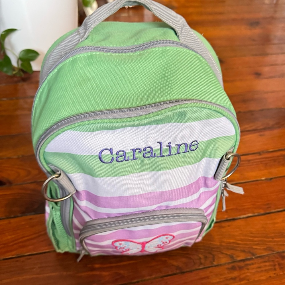 Pottery Barn Backpack Green & Purple Striped Butterfly Caraline